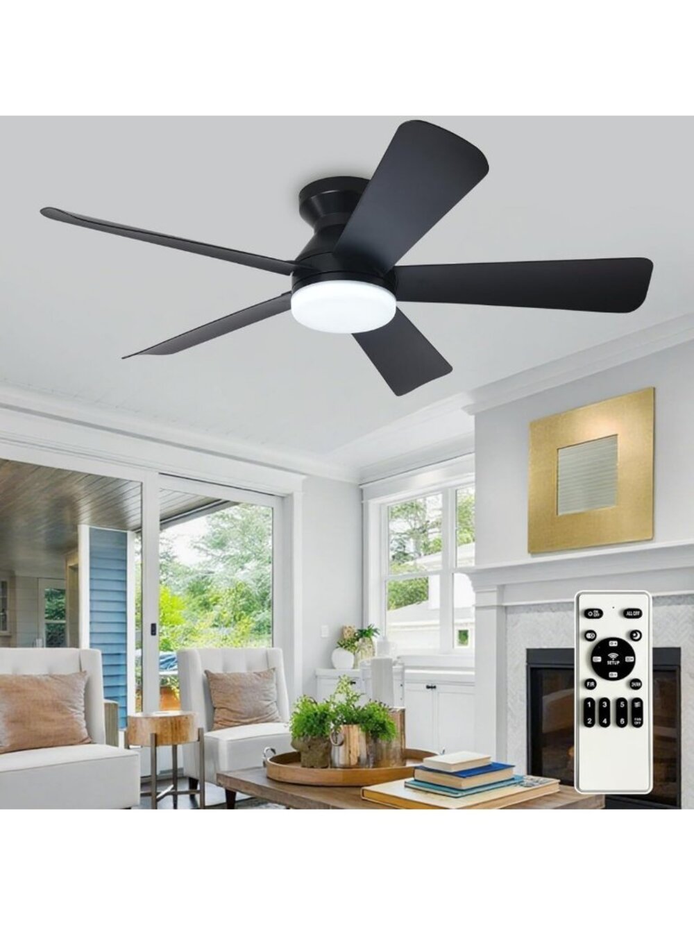 Modern 42-Inch Ceiling Fan with Light & Remote - Dimmable, Low Profile, 6